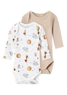 2 Pack Long Sleeve Animal Bodysuit - White