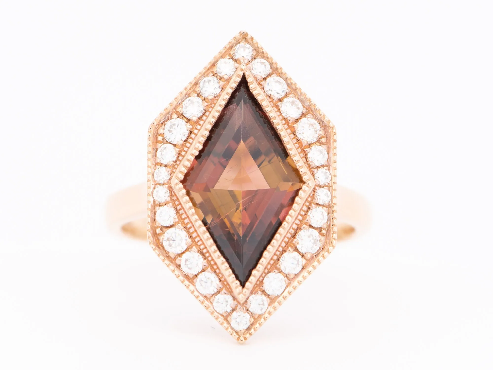 3.99ct Kite Shape Pink Tourmaline Moissanite Halo Hexagon Ring 14K Gold R6324