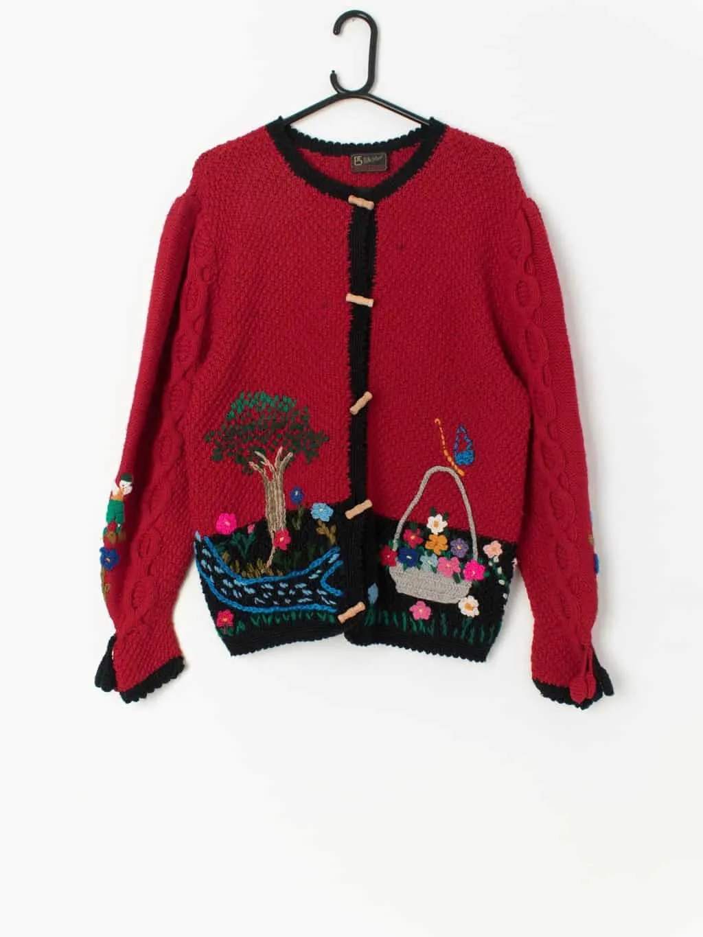 80s red folk cardigan with pretty embroidered floral design – Medium / Large