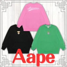 A BATHING APE  |Crew Neck Blended Fabrics Street Style Long Sleeves Plain