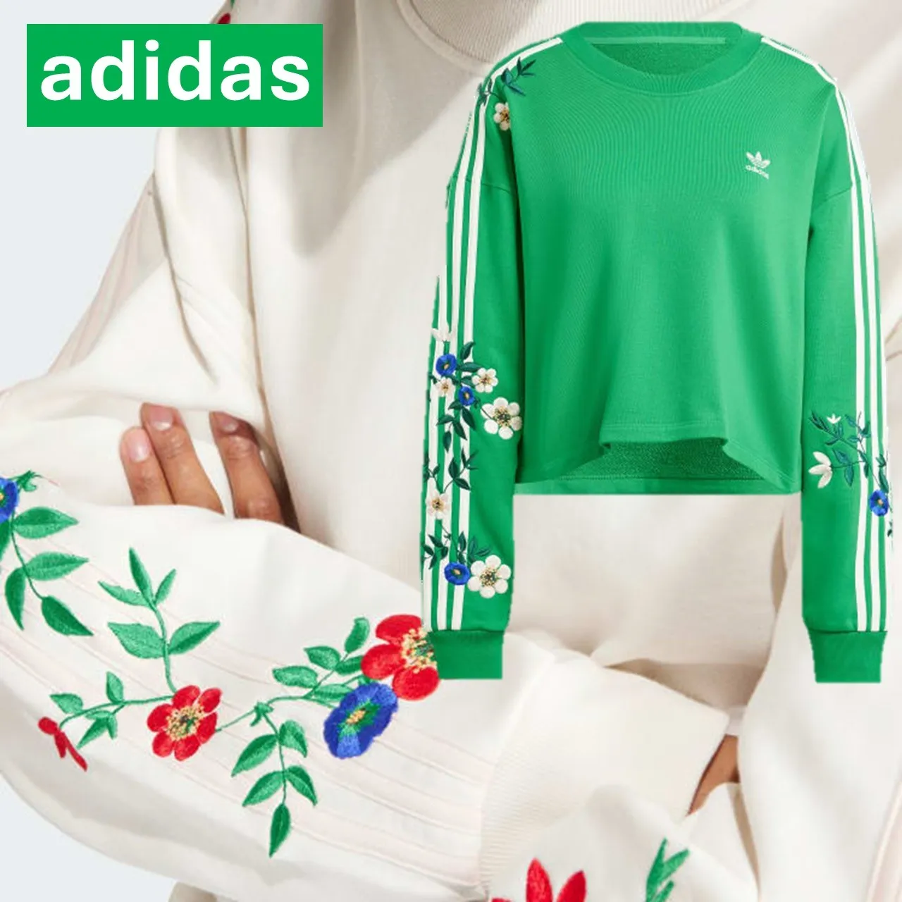 adidas  |Crew Neck Stripes Flower Patterns Street Style Long Sleeves