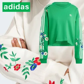 adidas  |Crew Neck Stripes Flower Patterns Street Style Long Sleeves