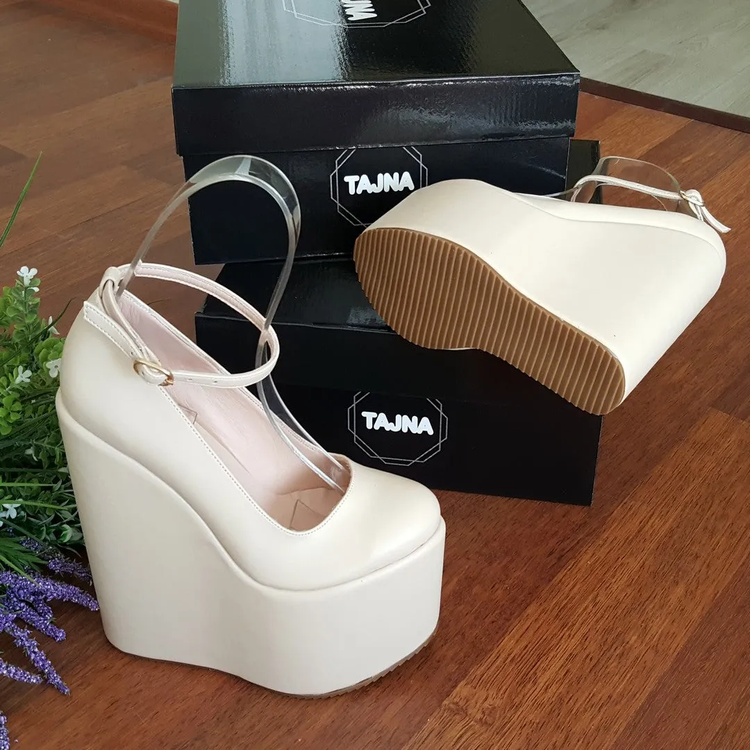 Ankle Strap Cream Super High Heel Wedge Shoes 20 cm