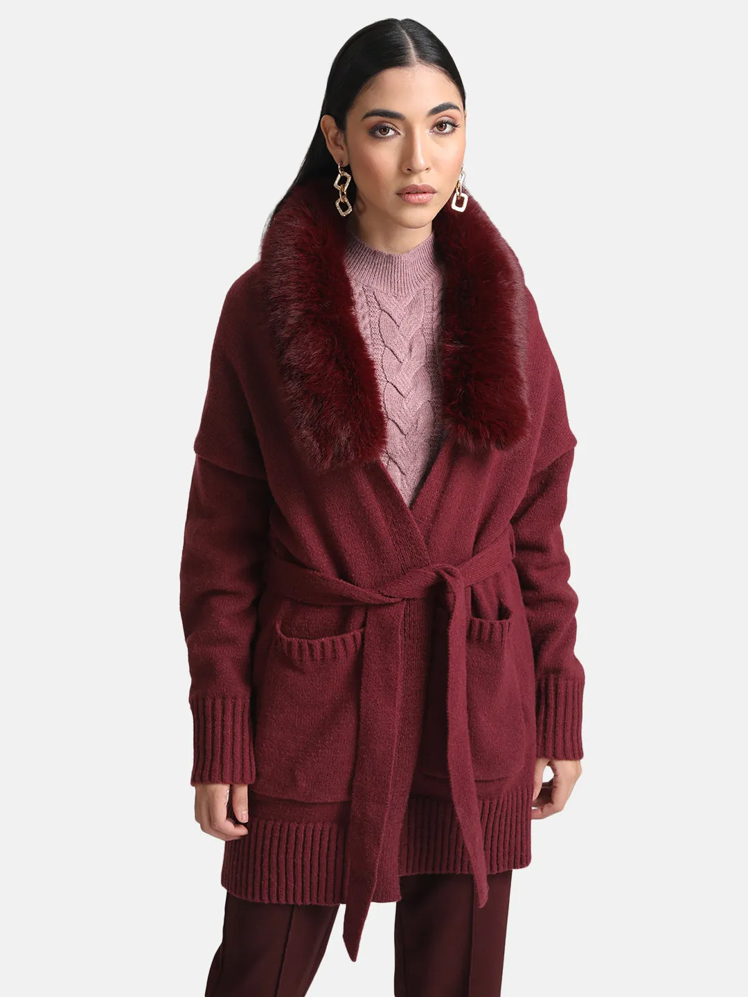 Belted Cape With Detachable Fur Collar