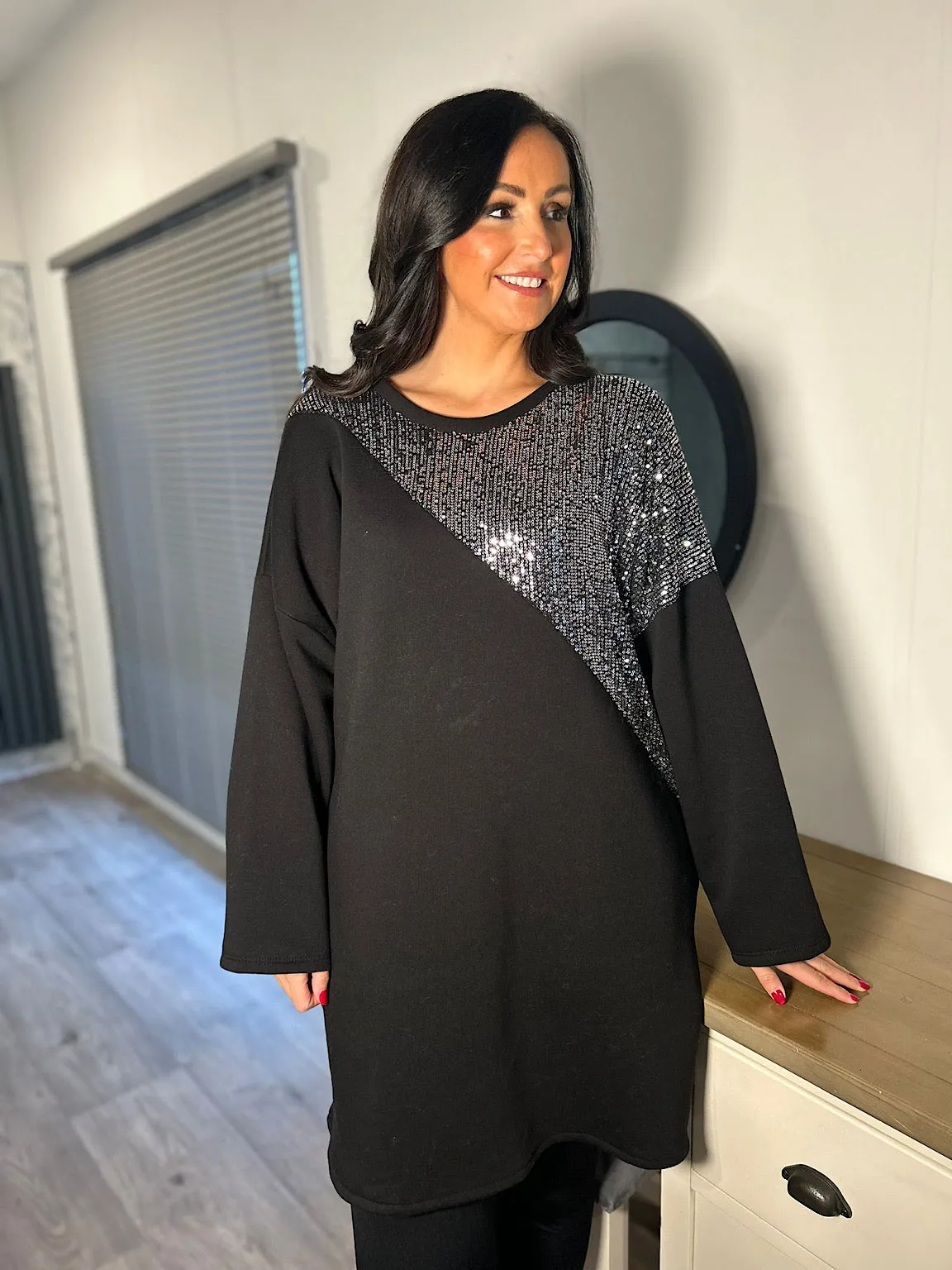 Black Sequin Shoulder Dress Olivia