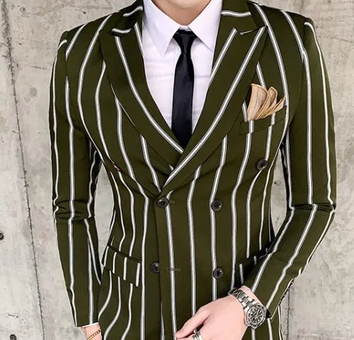 Casual Tuxedo Striped Wedding Men Korean Dress Suits  Suit Slim Fit Costume Homme Quality Business M-3XL Blazer And Pant