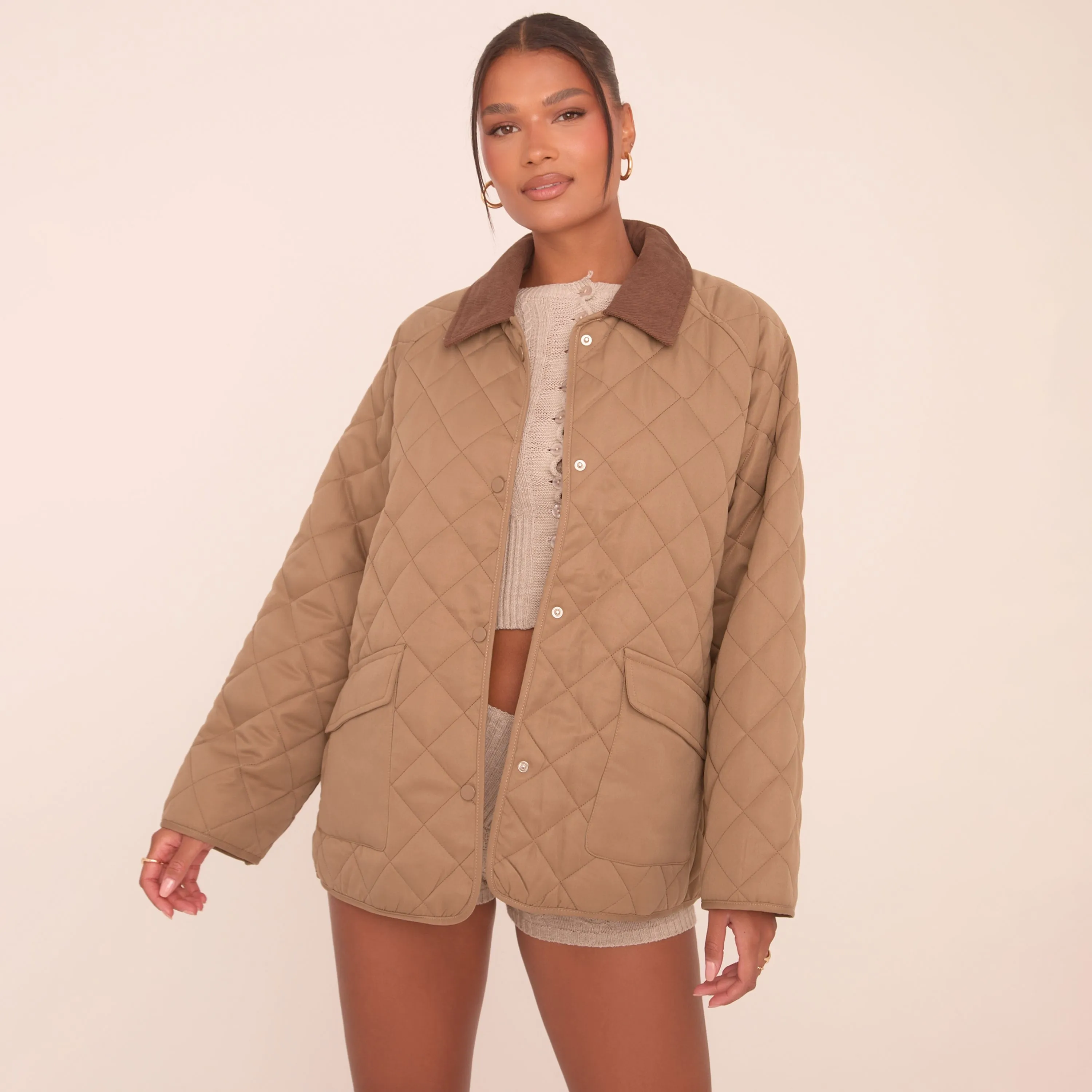 Contrast Collar Quilted Coat In Khaki Green