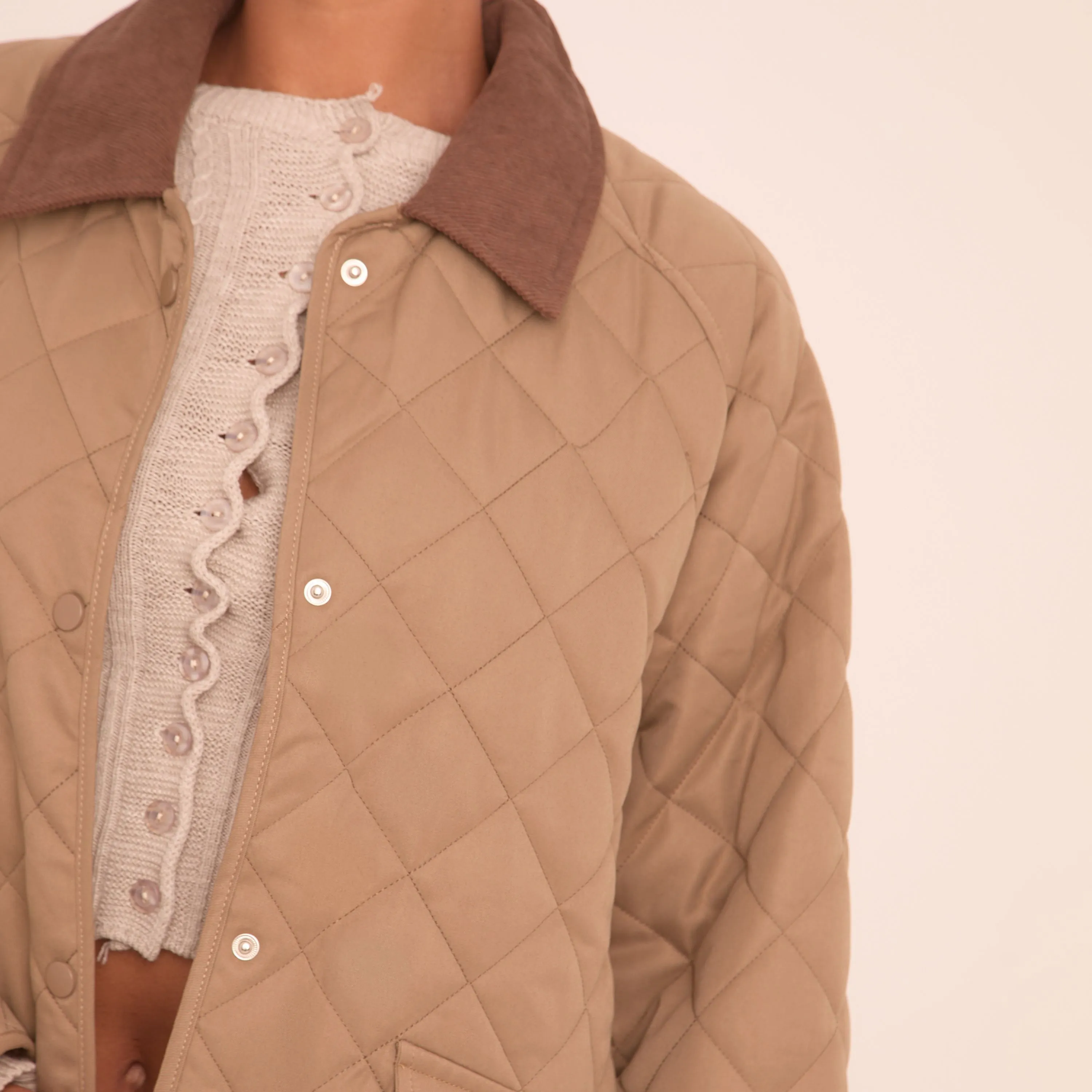 Contrast Collar Quilted Coat In Khaki Green