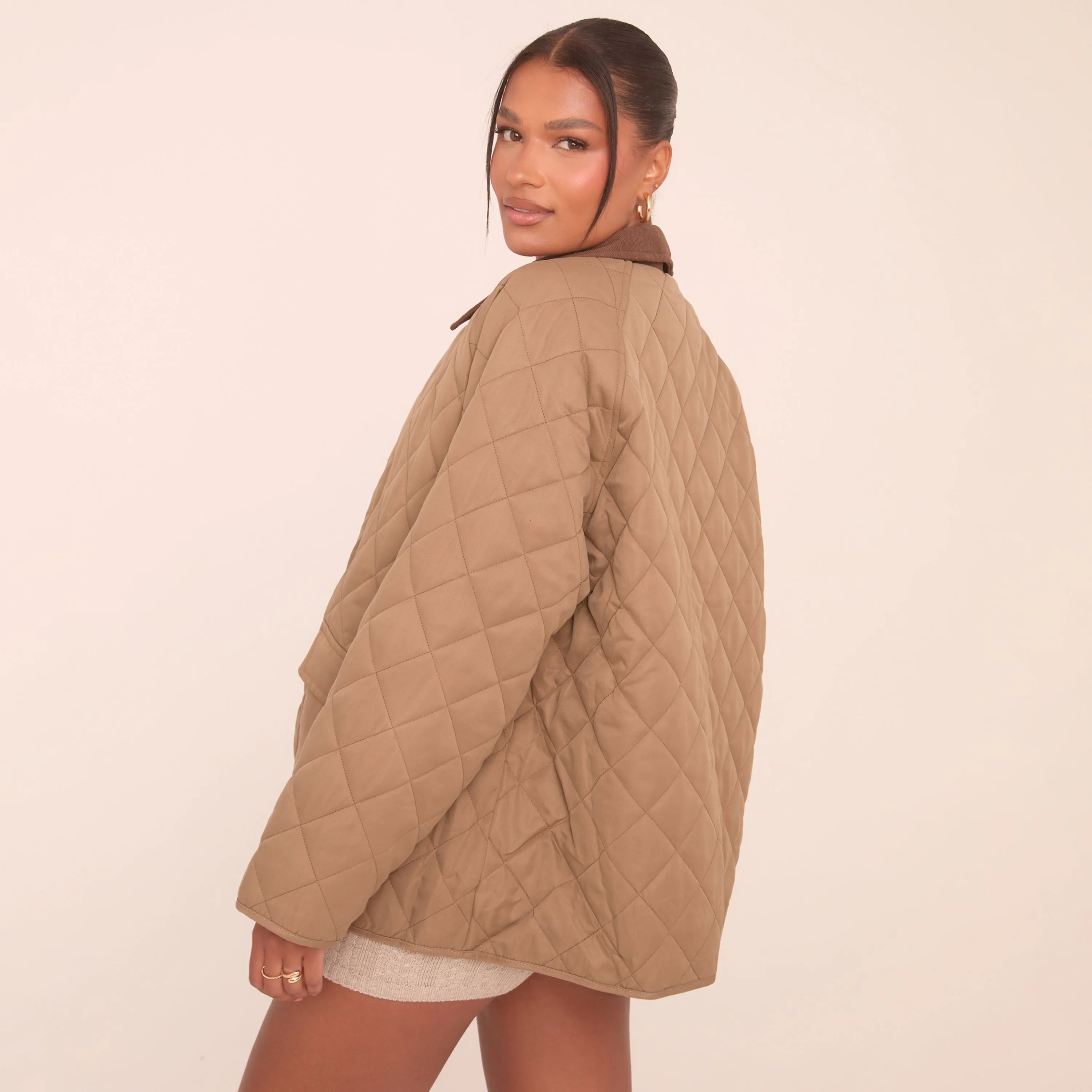 Contrast Collar Quilted Coat In Khaki Green