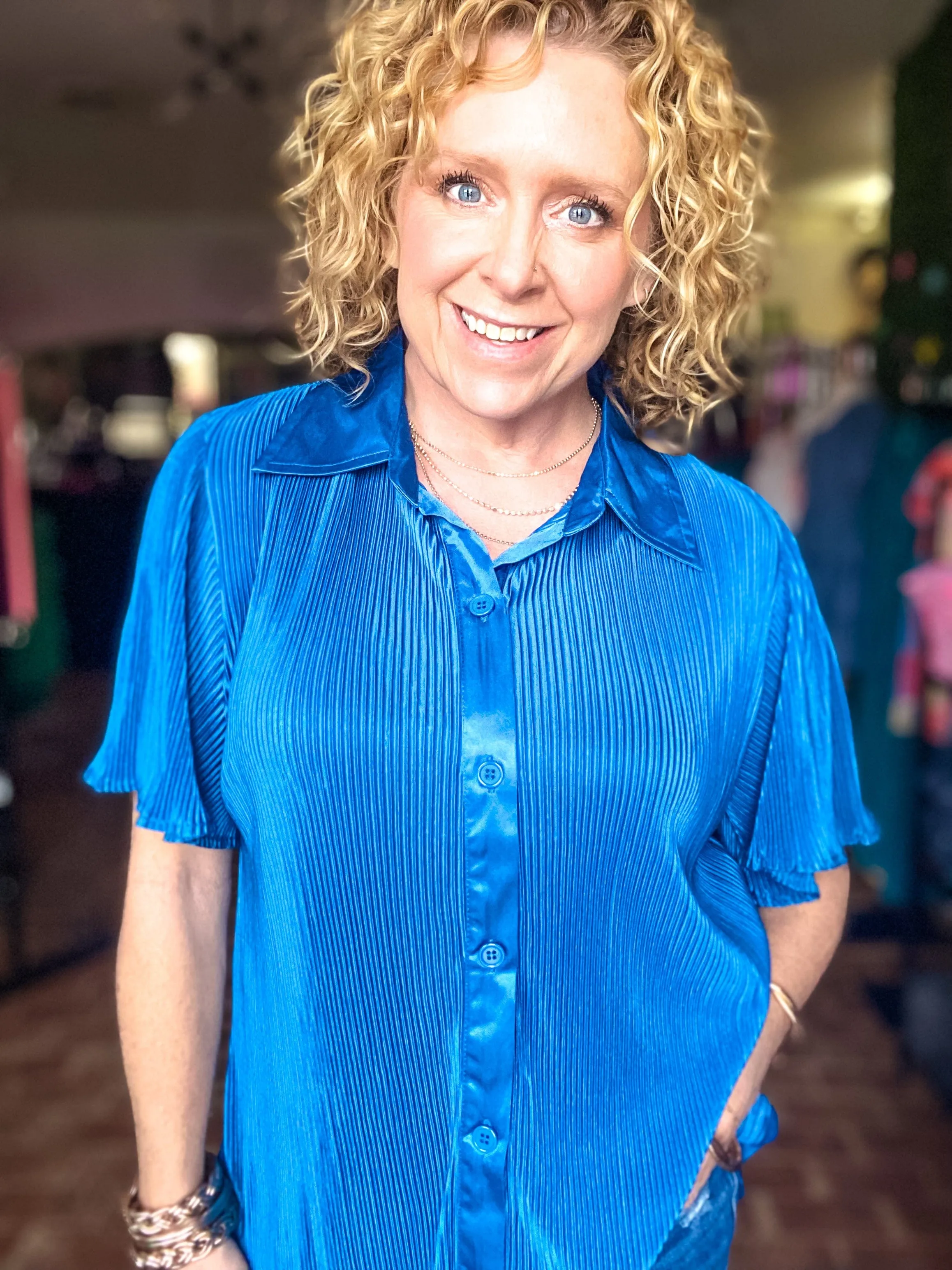 Curvy Accordion Button Down Top- Teal