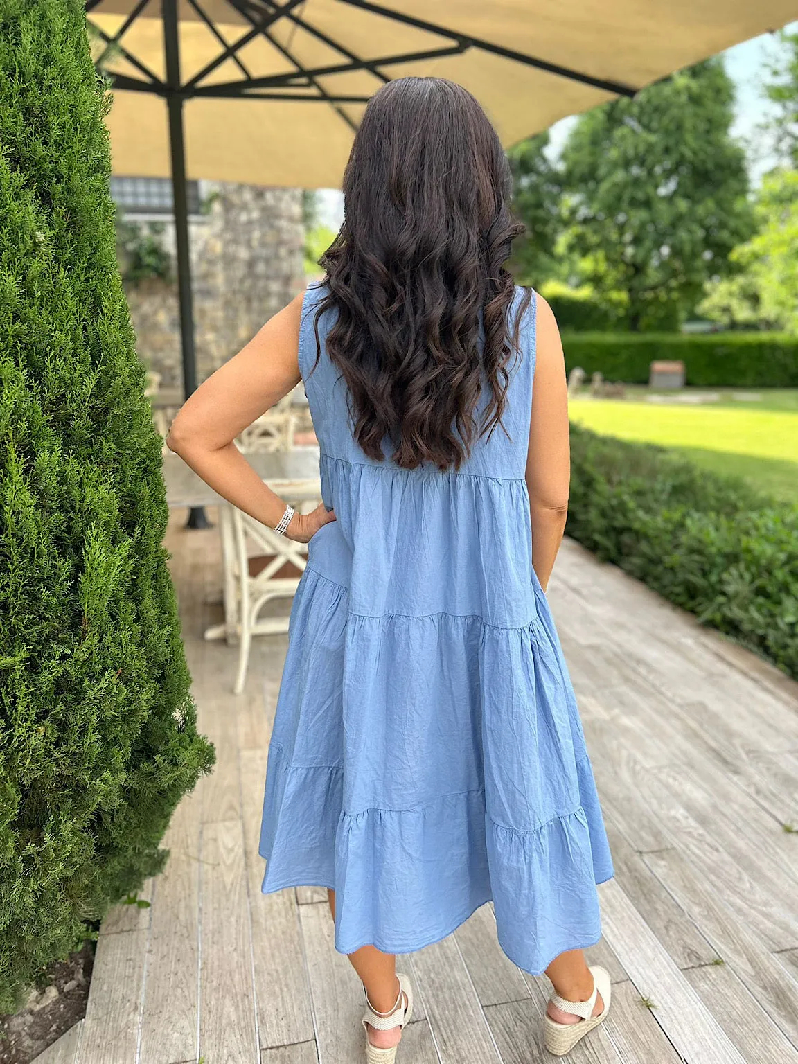 Denim Sleeveless Broderie Tiered Dress Alison