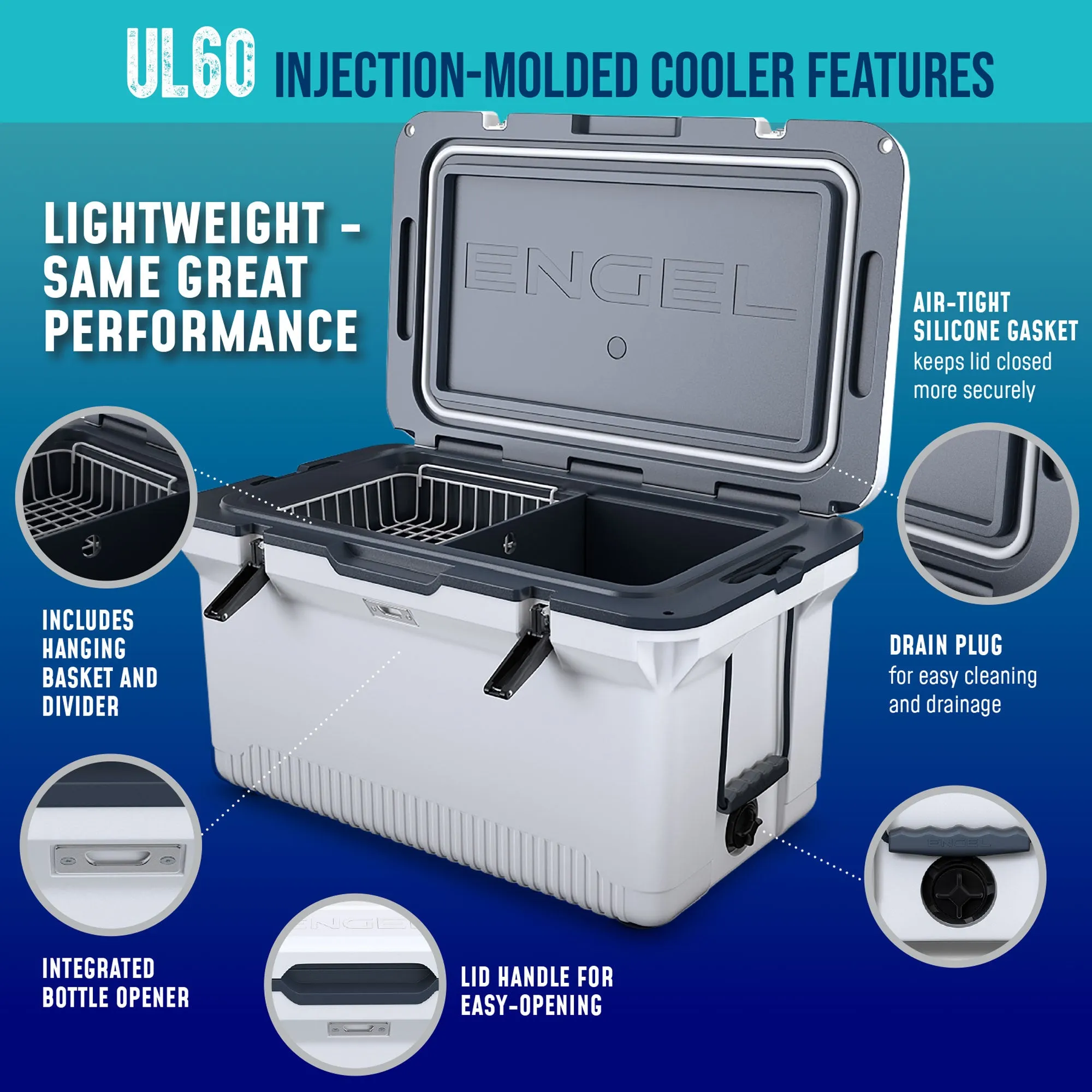 ENGEL 60QT UltraLite Injection-Molded Cooler With Wire Basket and Divider