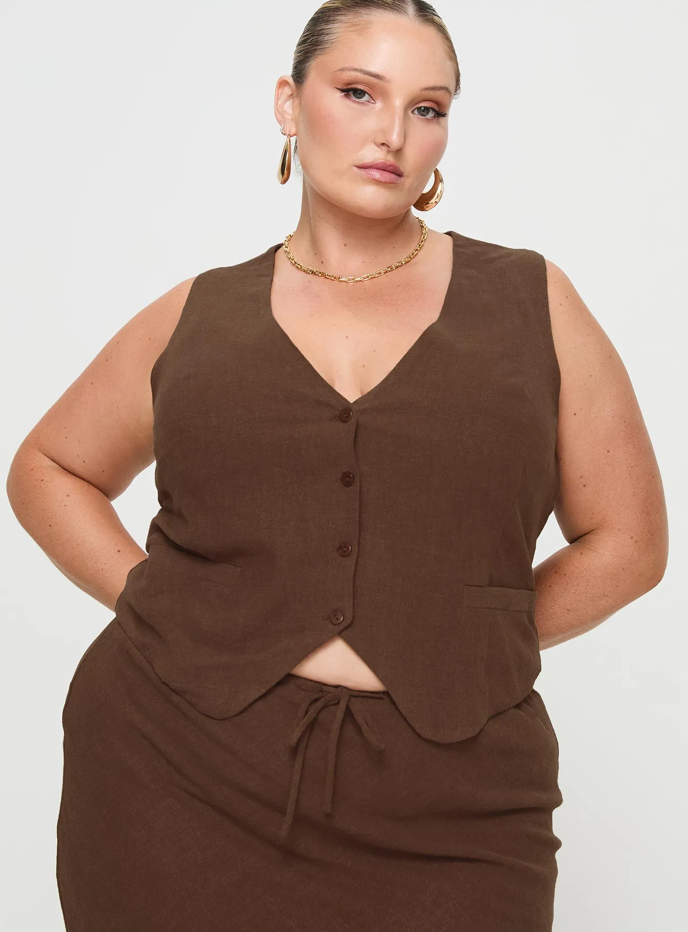 Ginger Linen Blend Vest Chocolate Curve