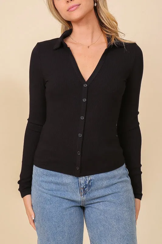 Heavy Ribbed Polo Button Down Top