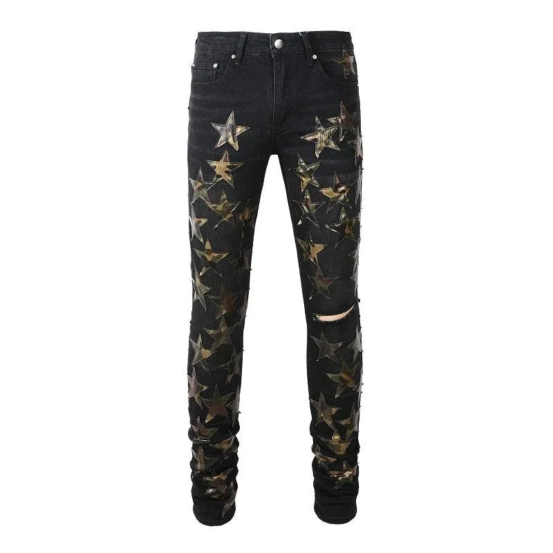 High Quality Slim Fit Stretch Jeans with Distressed Embroidered Leather Stars Patchwork