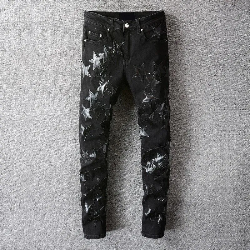 High Quality Slim Fit Stretch Jeans with Distressed Embroidered Leather Stars Patchwork