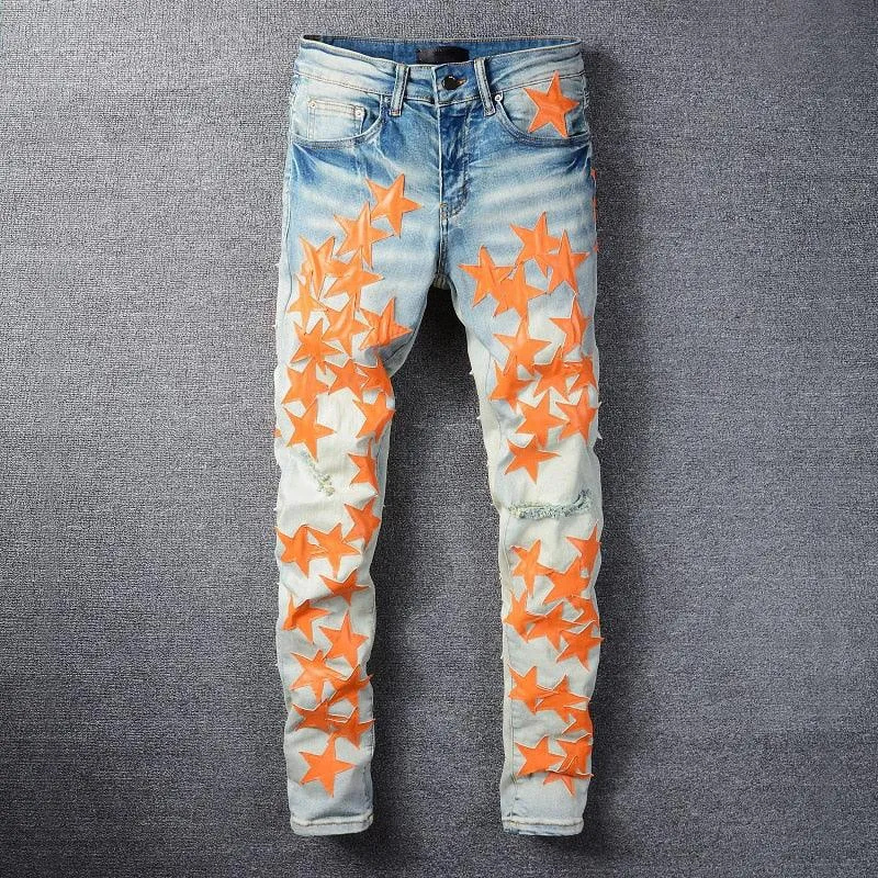 High Quality Slim Fit Stretch Jeans with Distressed Embroidered Leather Stars Patchwork