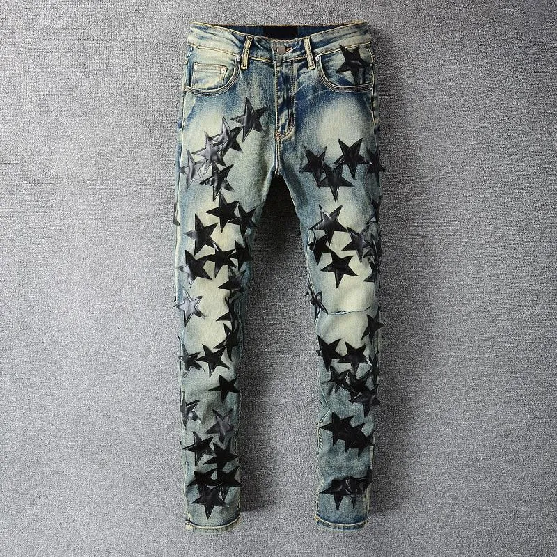 High Quality Slim Fit Stretch Jeans with Distressed Embroidered Leather Stars Patchwork