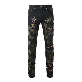 High Quality Slim Fit Stretch Jeans with Distressed Embroidered Leather Stars Patchwork