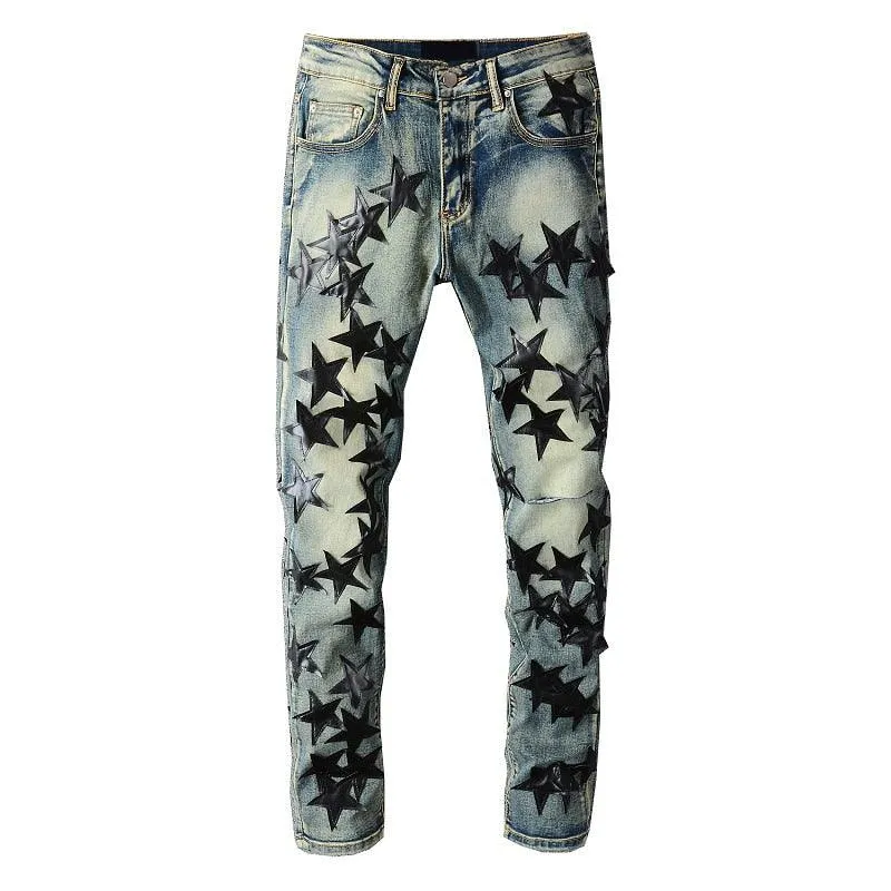 High Quality Slim Fit Stretch Jeans with Distressed Embroidered Leather Stars Patchwork