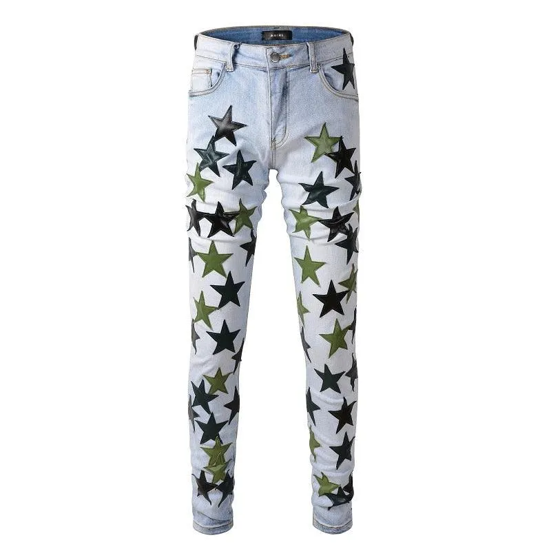 High Quality Slim Fit Stretch Jeans with Distressed Embroidered Leather Stars Patchwork