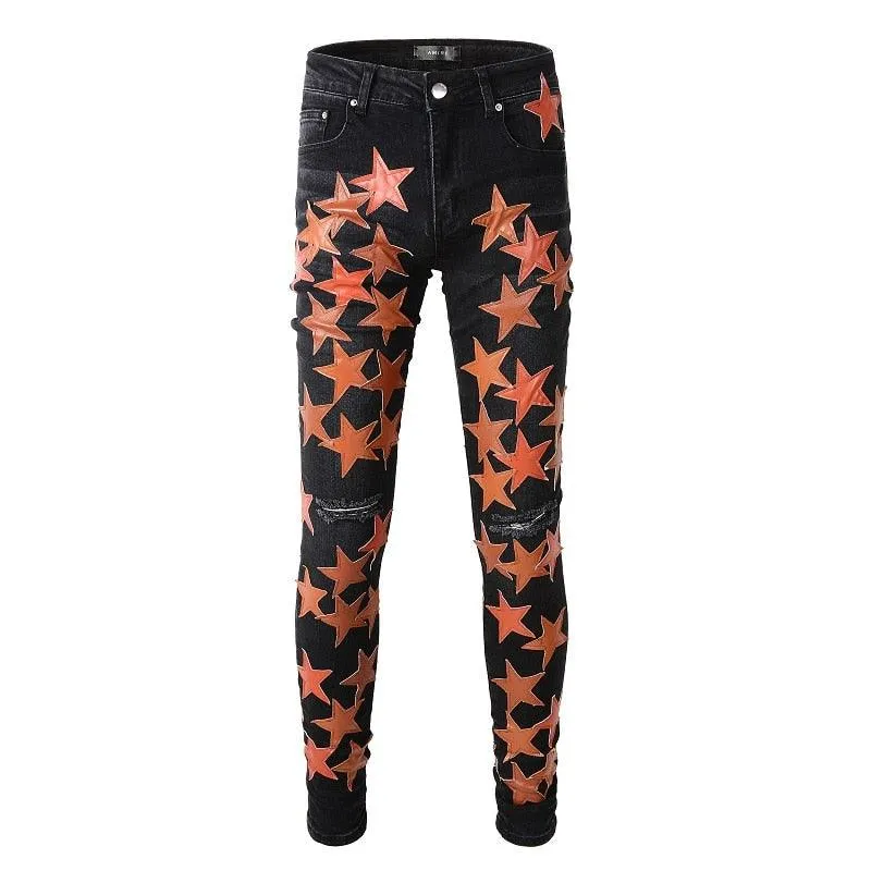 High Quality Slim Fit Stretch Jeans with Distressed Embroidered Leather Stars Patchwork