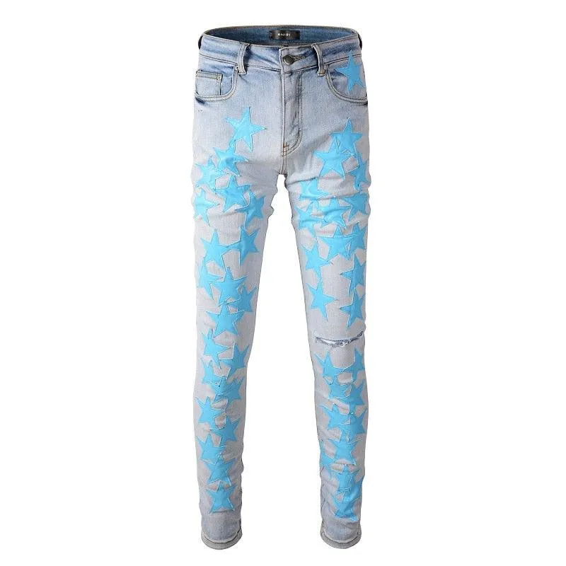 High Quality Slim Fit Stretch Jeans with Distressed Embroidered Leather Stars Patchwork