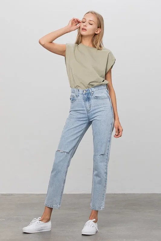 High Waist Ripped Tapered Jeans