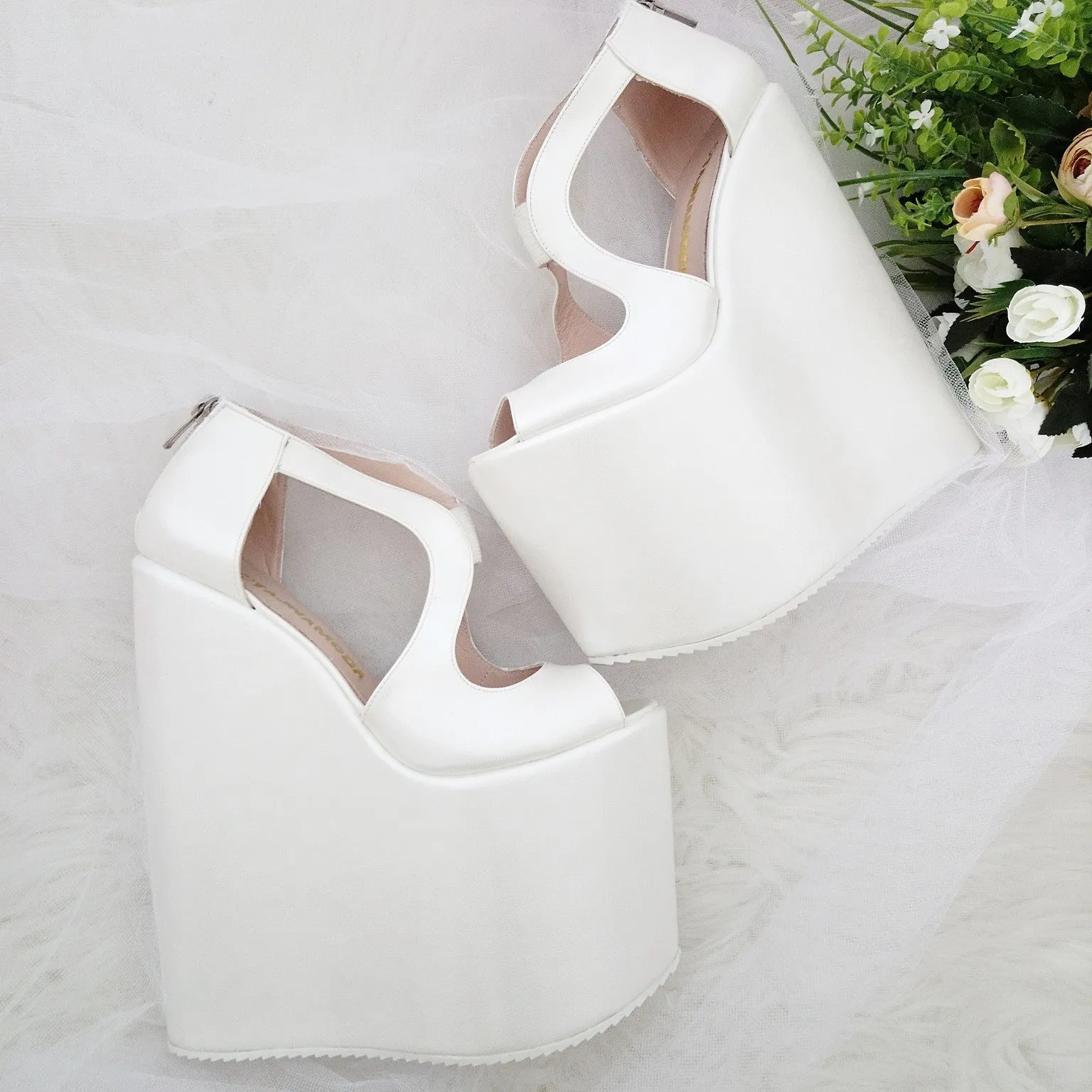 Ivory White Slit Wedding Platform Wedge Shoes 21 cm