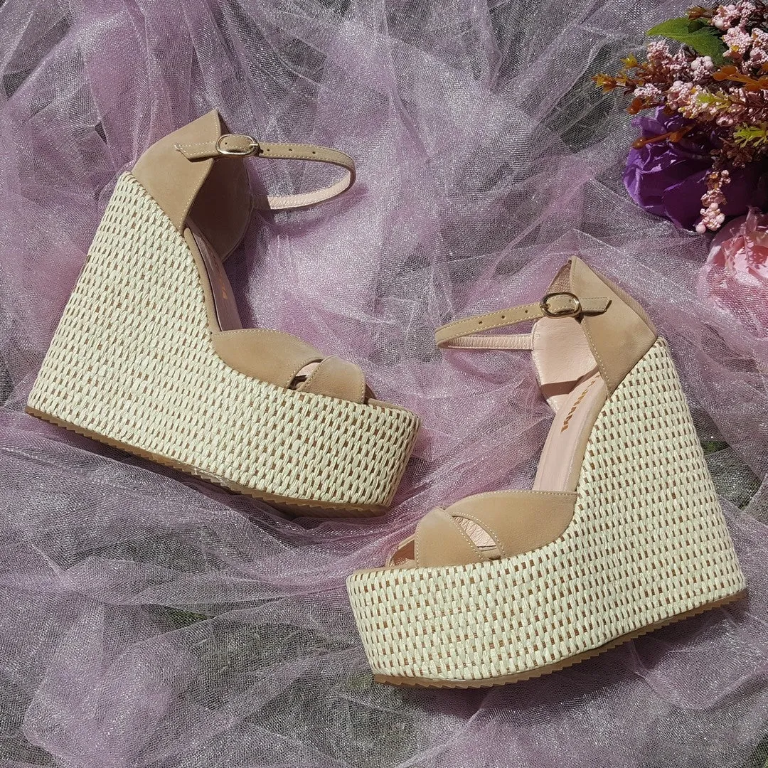 Light Brown Peep Toe Platform Wedge Sandals