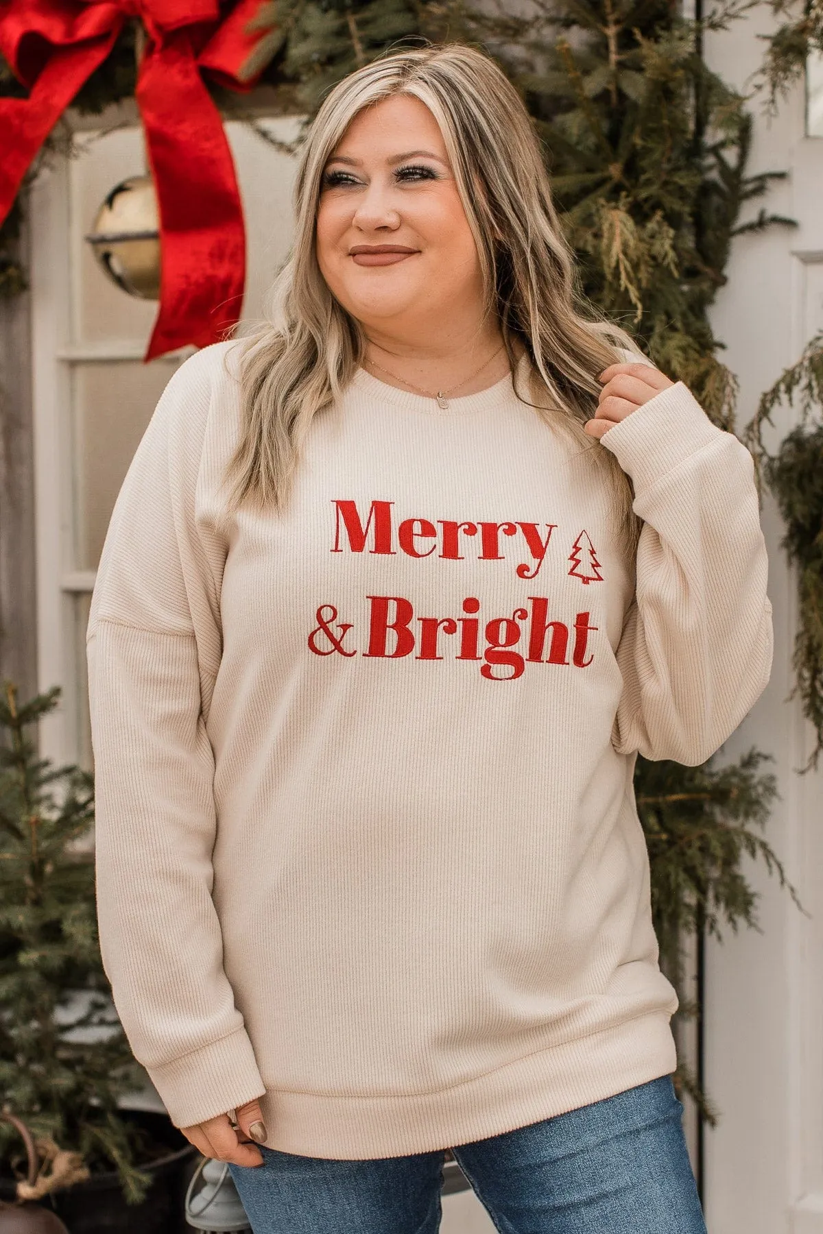 Merry & Bright Corduroy Knit Crew Neck- Cream