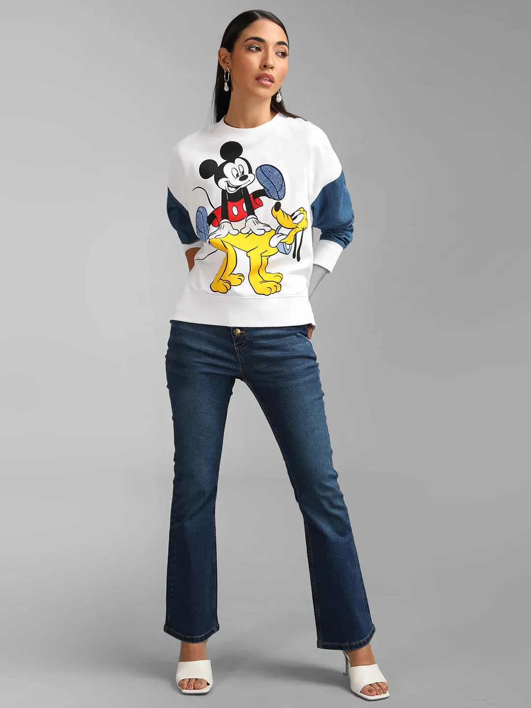 Mickey And Pluto Disney Printed Sweat With Denim Sleeves