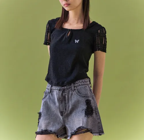 NASTY FANCY CLUB  |Blended Fabrics Street Style Plain Short Sleeves Lace Logo