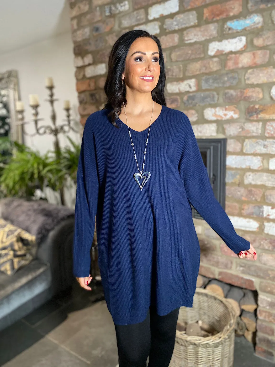 Navy Ribbed V Neck Knit Victoria