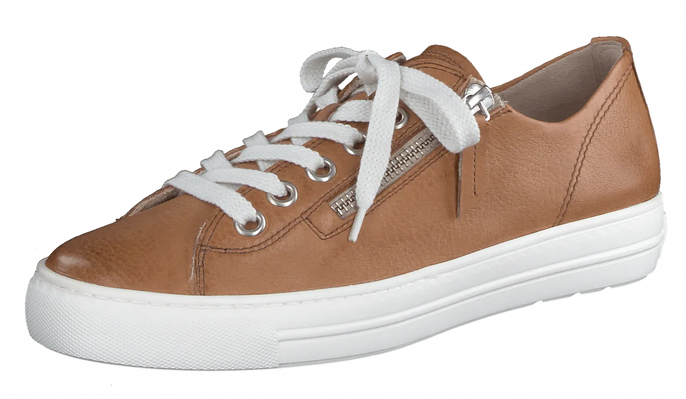 PAUL GREEN 5206  Tan leather trainer with zip detail