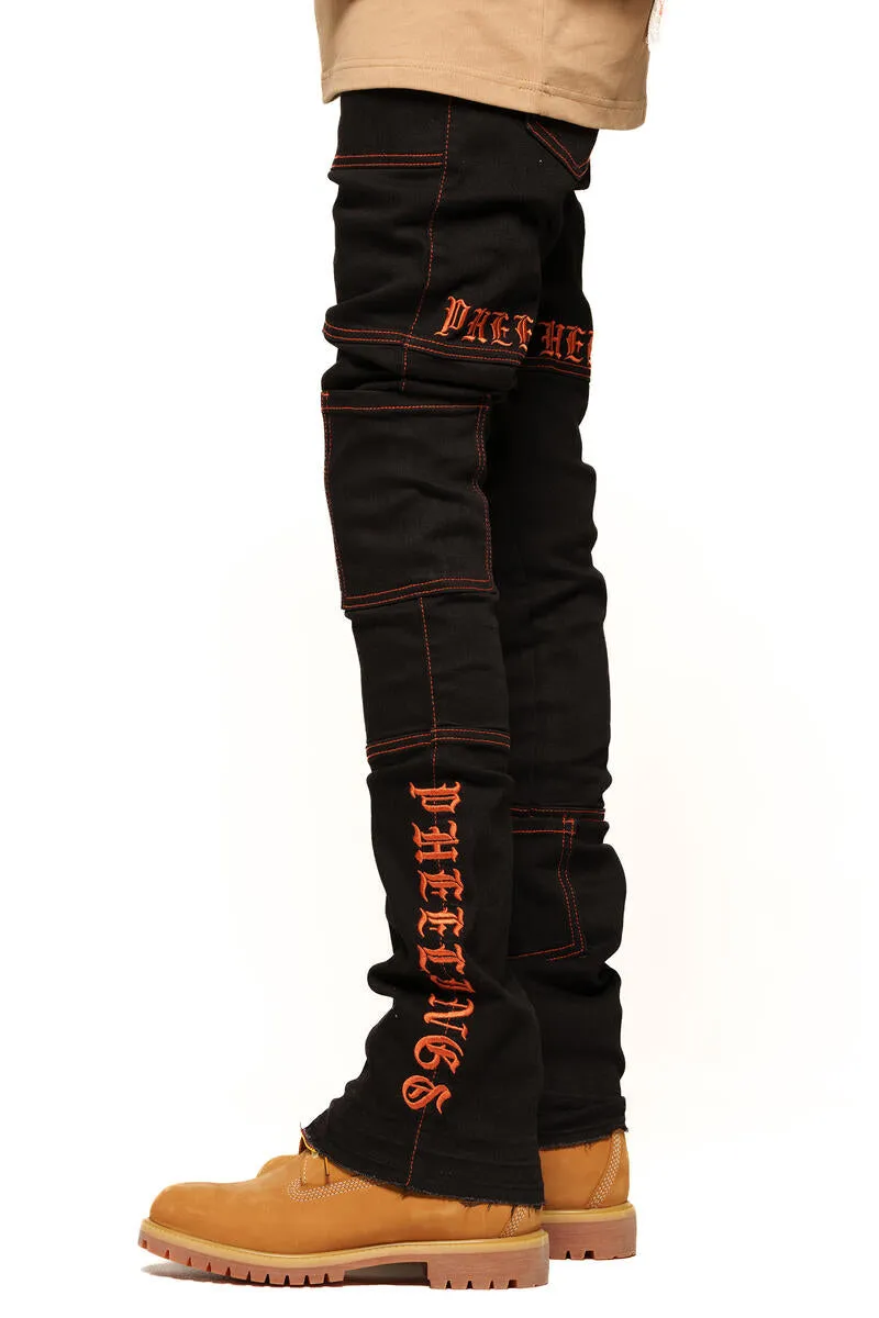 PHEELINGS DEFYING ODDS FLARE STACK DENIM (JET BLACK/ORANGE)