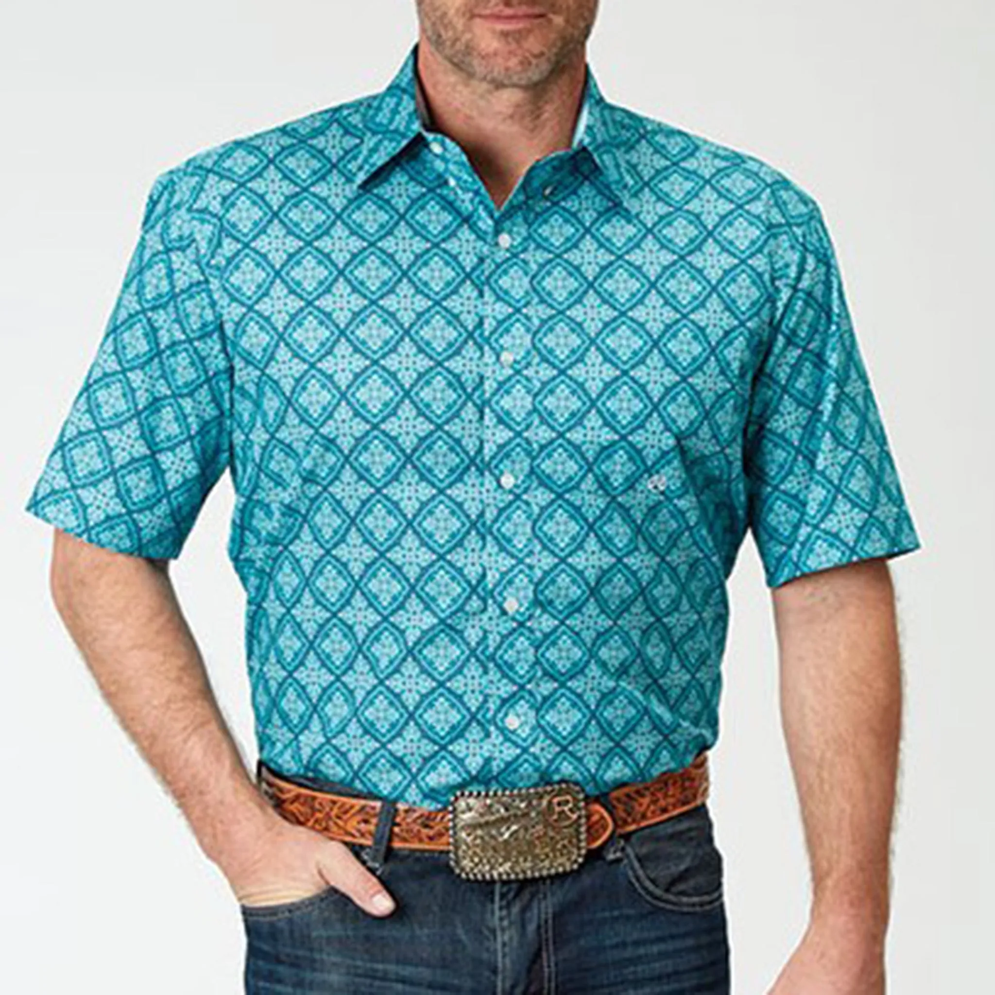 Roper Men's Turquoise Medallion Print Short Sleeve