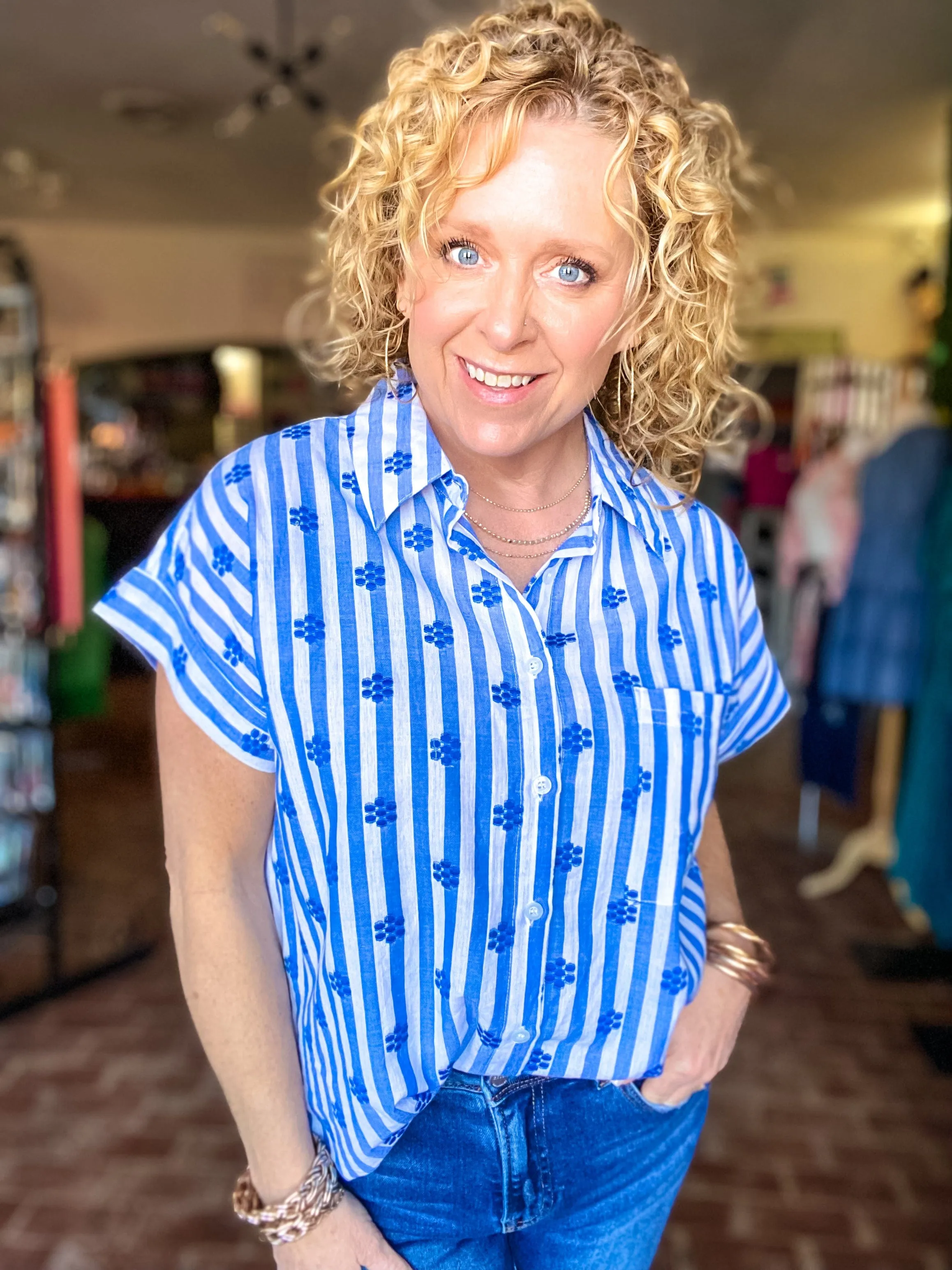 Royal Blue Floral Stripe Button Down