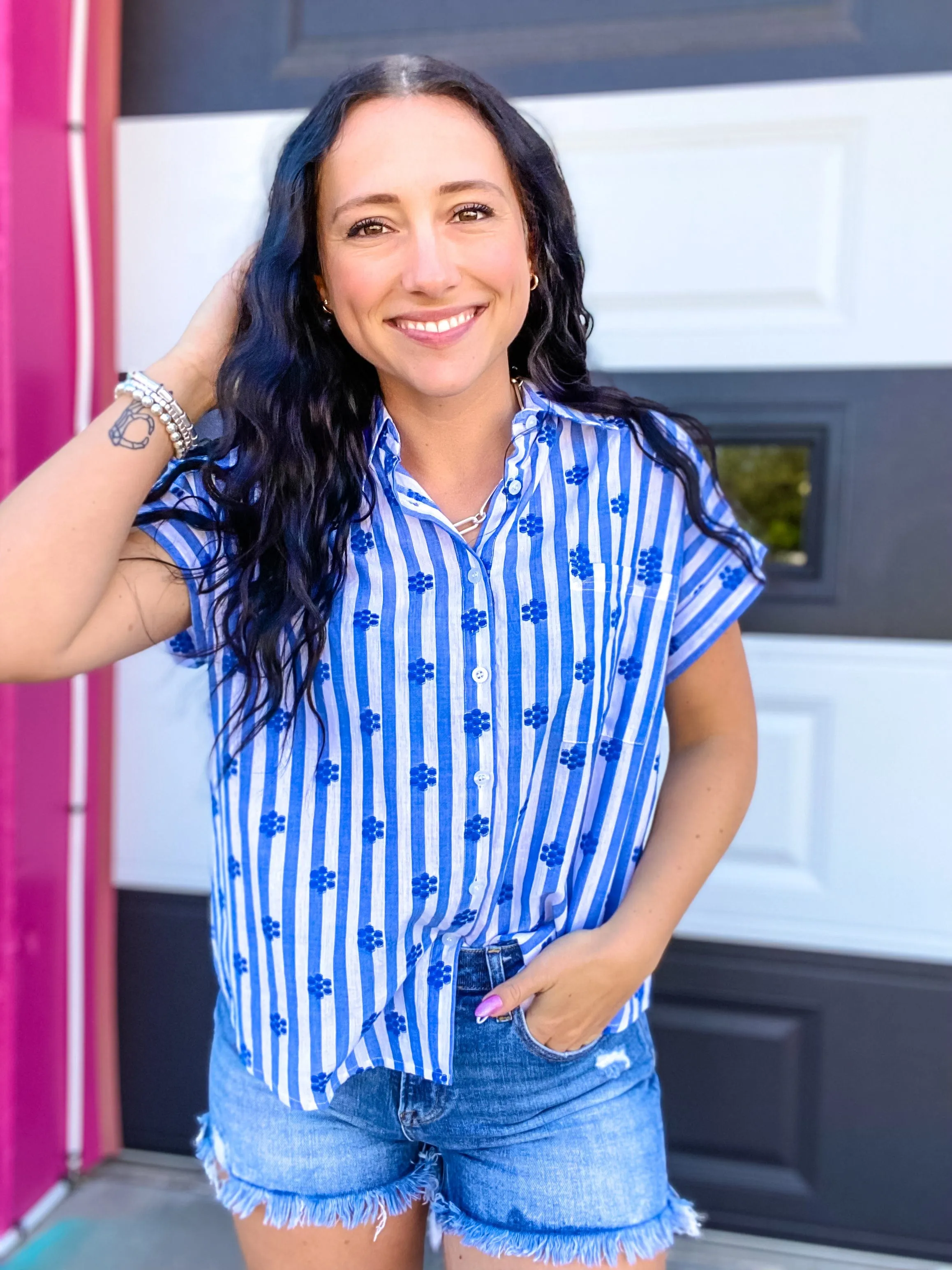 Royal Blue Floral Stripe Button Down