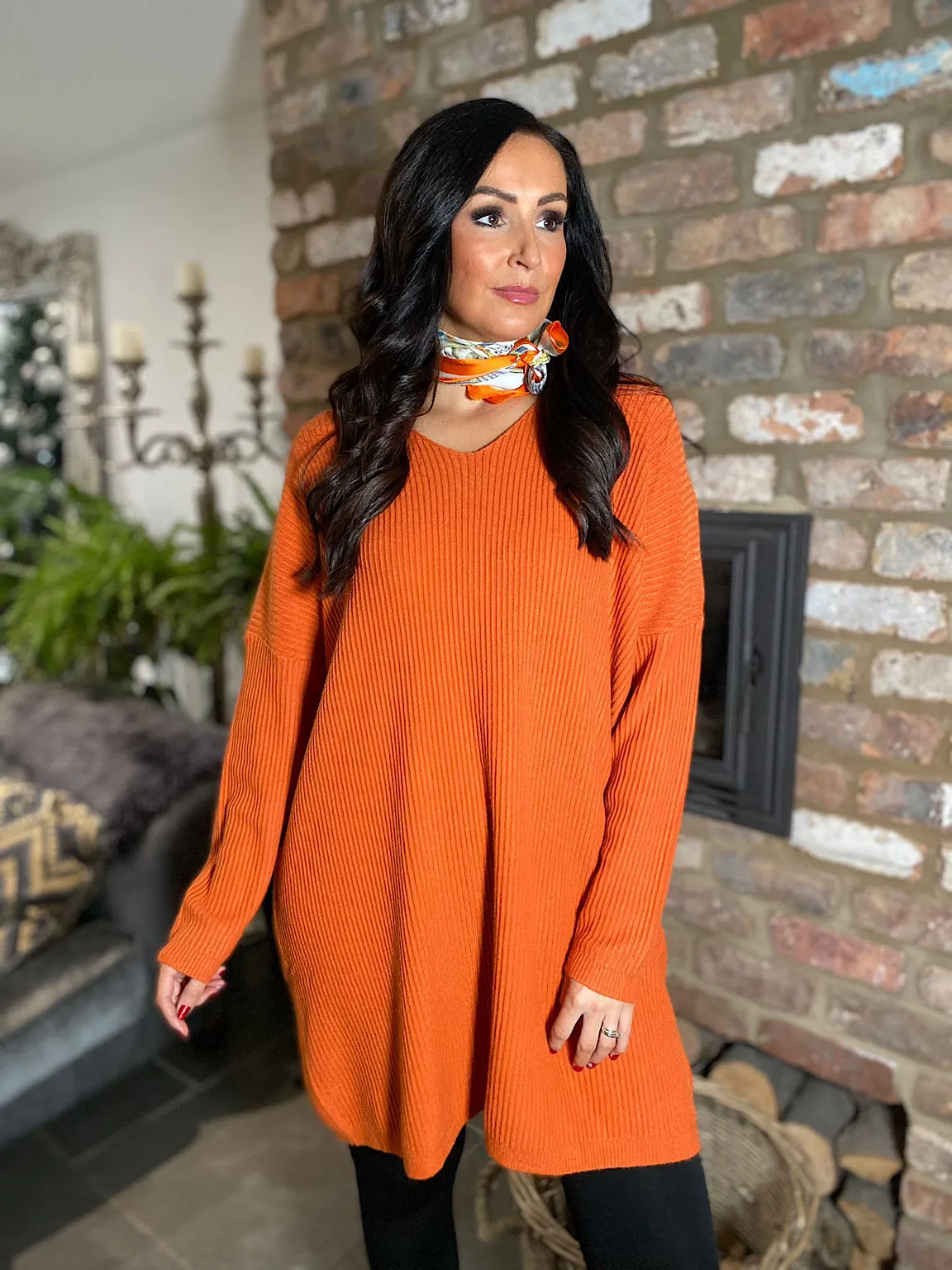 Rust Ribbed V Neck Knit Victoria