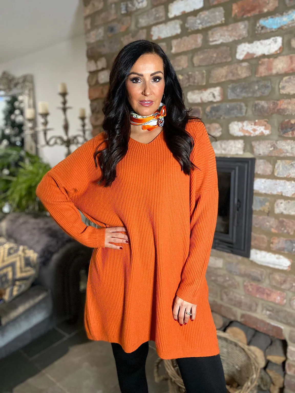 Rust Ribbed V Neck Knit Victoria