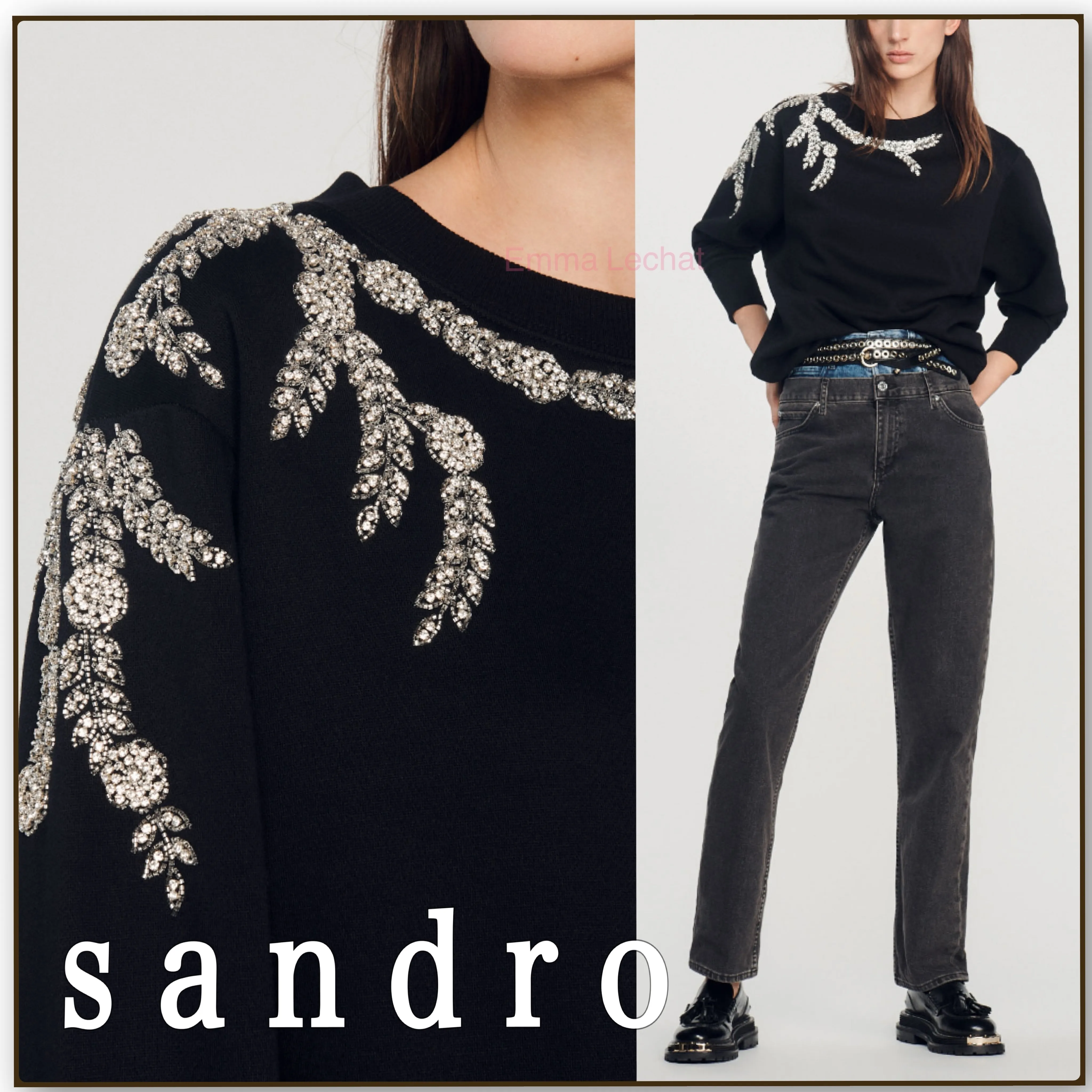 sandro  |Crew Neck Sweat Blended Fabrics Street Style Bi-color