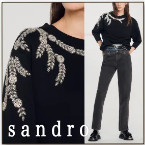 sandro  |Crew Neck Sweat Blended Fabrics Street Style Bi-color