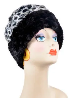 Snow Owl with Cuddly Black Luxury Faux Fur Cuffed Pillbox Hat