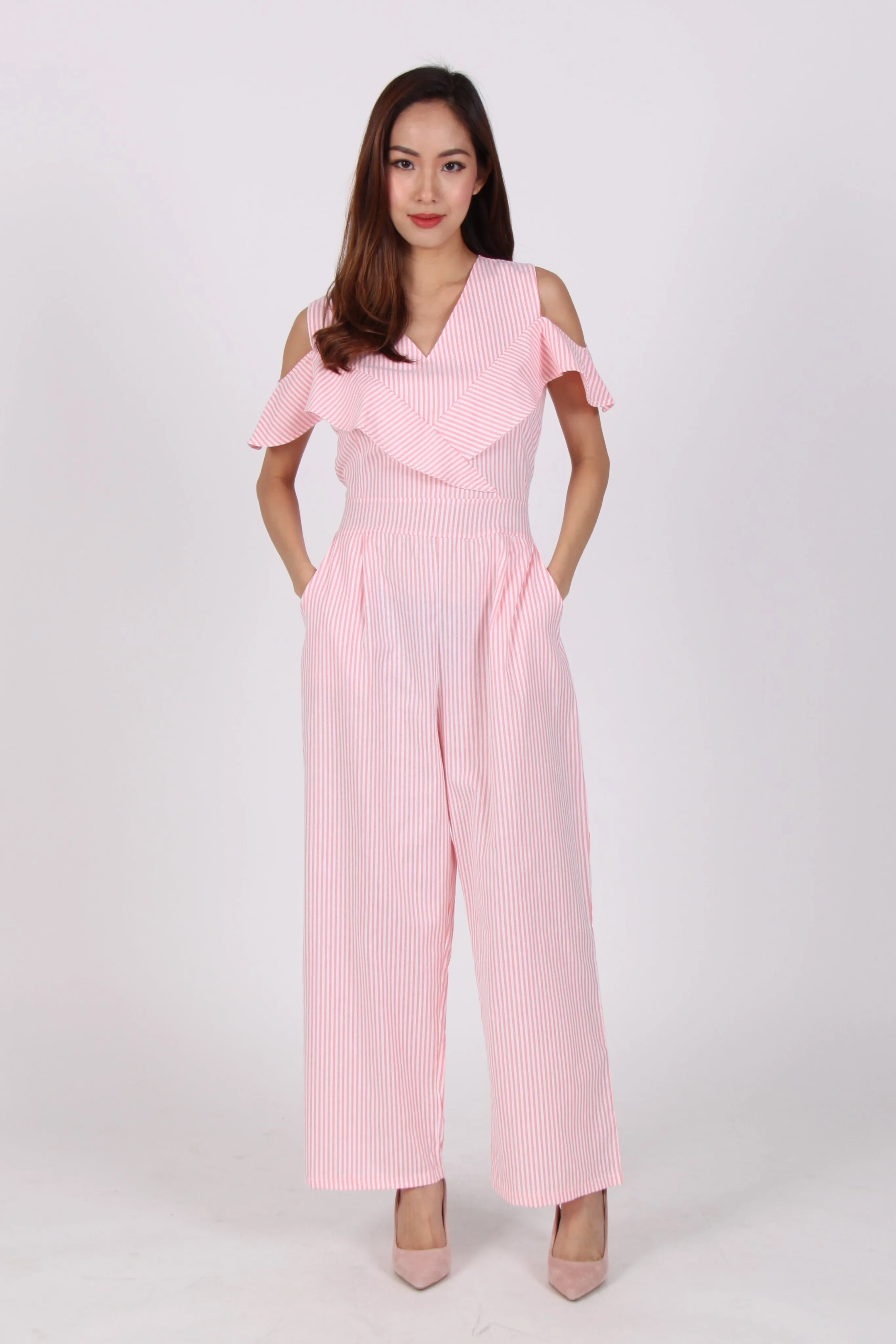 Stripes Cold Shoulder Wide Leg Jumpsuit in Pink