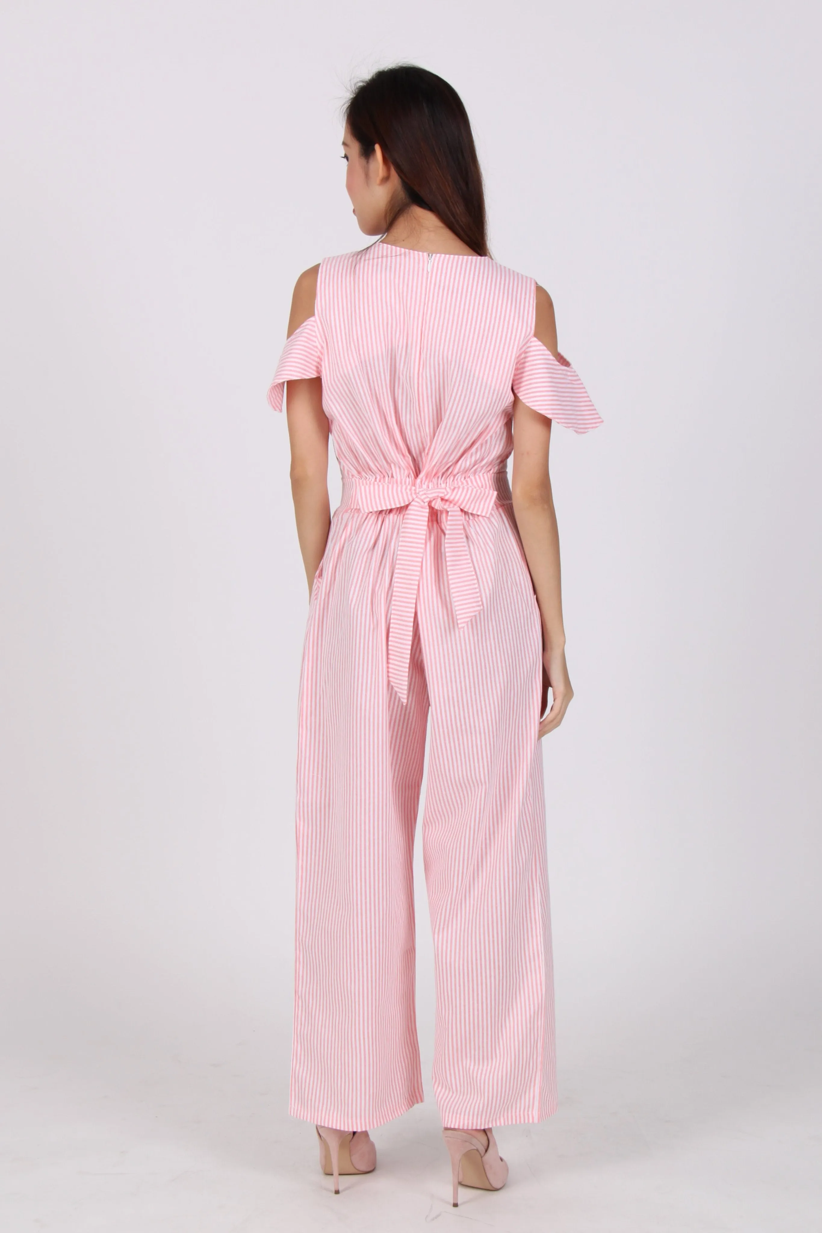 Stripes Cold Shoulder Wide Leg Jumpsuit in Pink