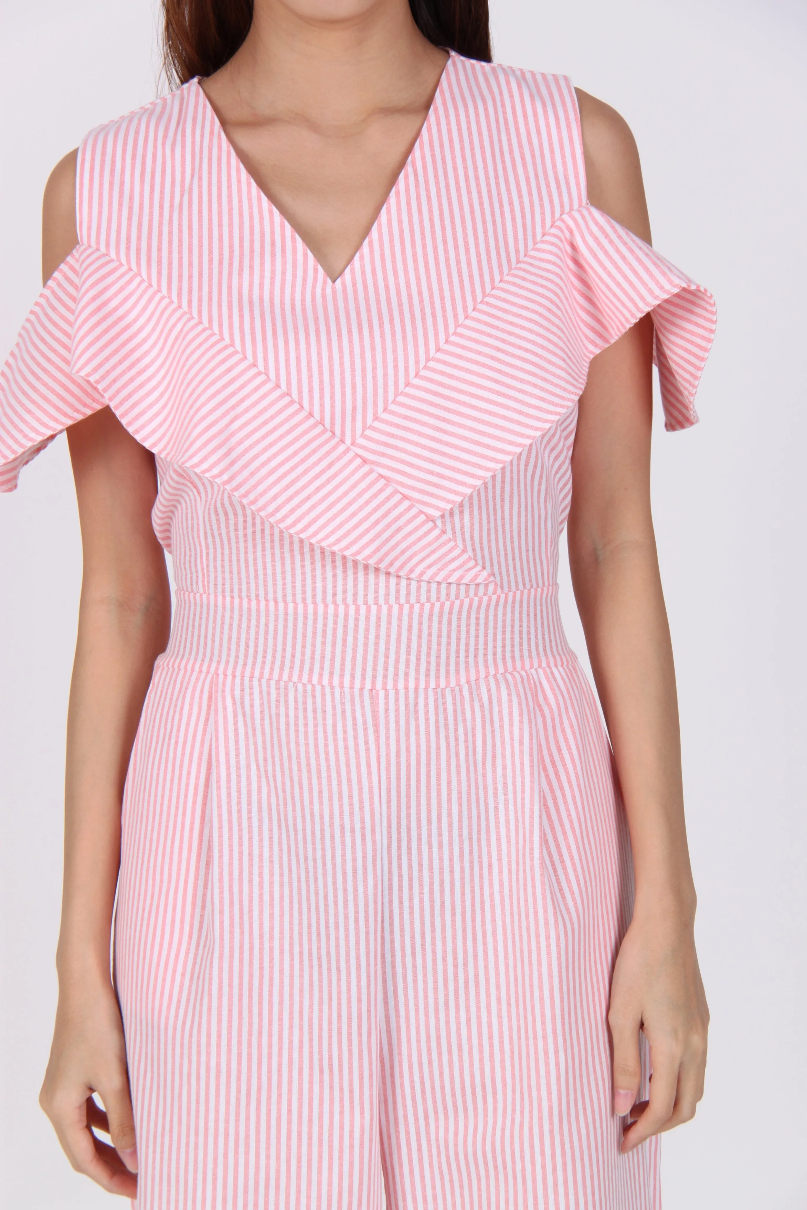 Stripes Cold Shoulder Wide Leg Jumpsuit in Pink