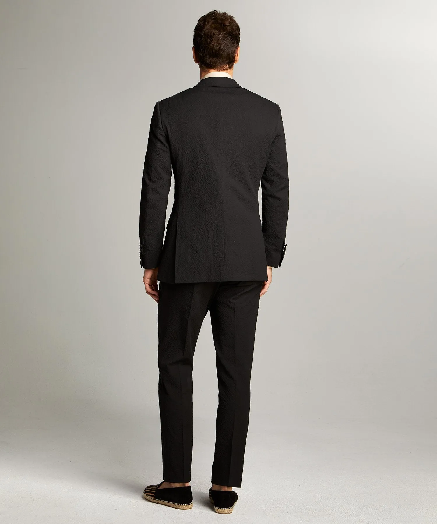 Sutton Peak Lapel Tuxedo in Italian Black Seersucker