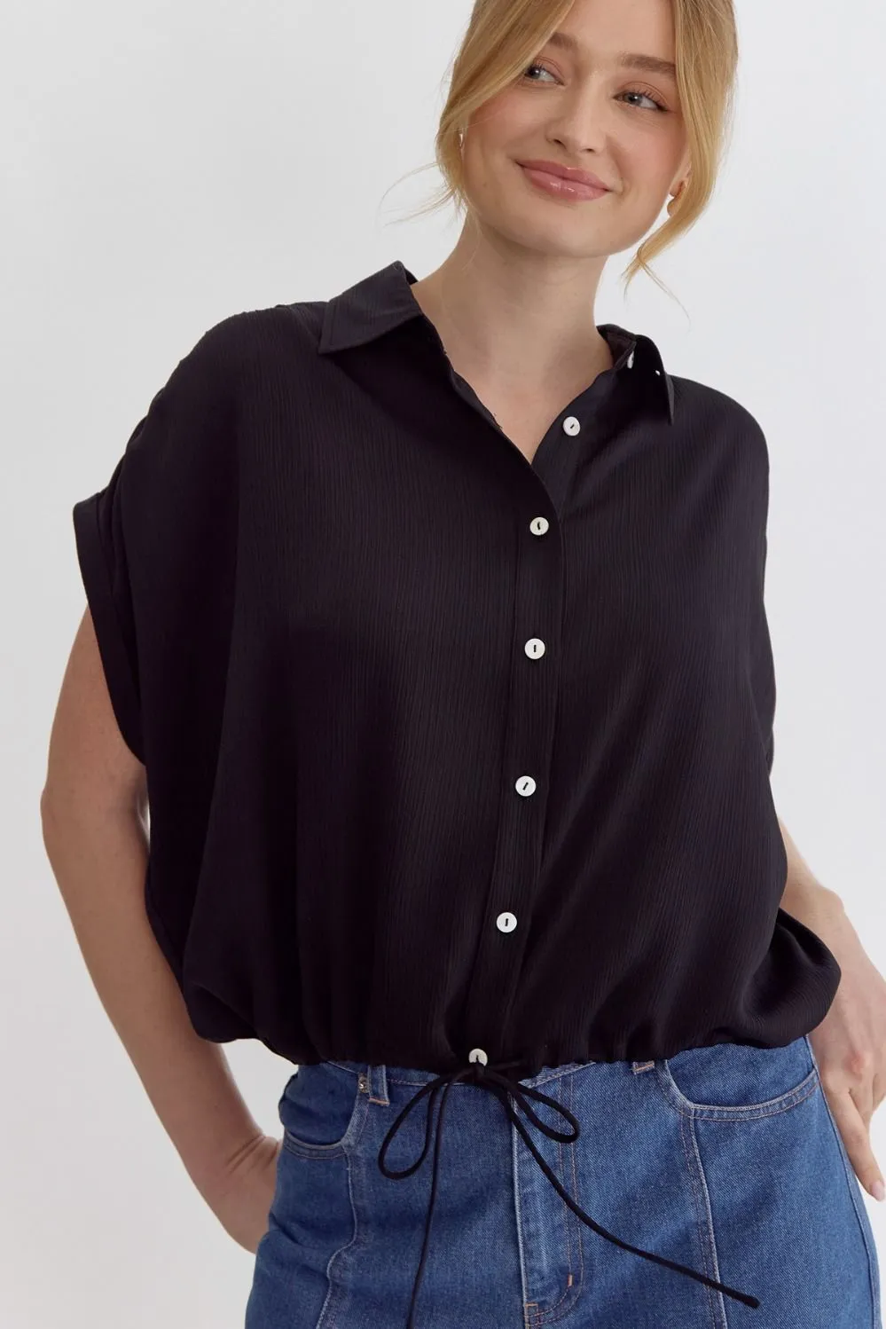 Textured Button Down Short Sleeve Top