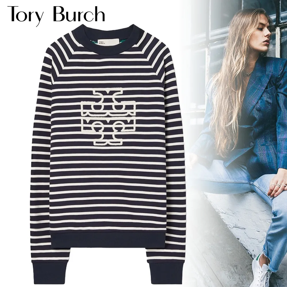 Tory Burch  |Crew Neck Stripes Unisex Street Style Long Sleeves Plain